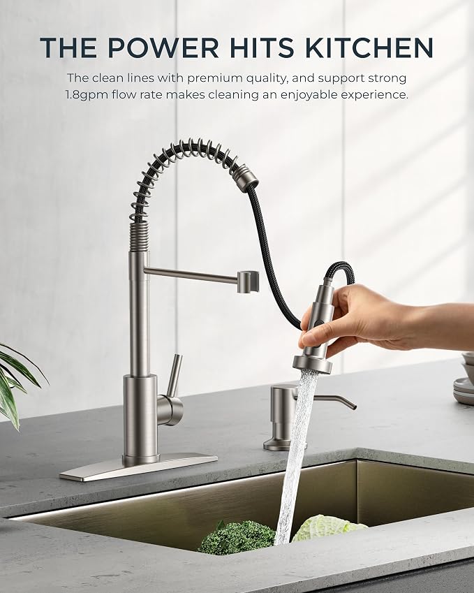 FORIOUS Kitchen Faucet Pull Down Sprayer, Classic High Arc, Brushed Nickel | - Image 5