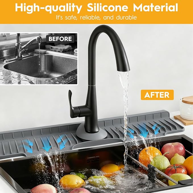 24" Silicone Faucet Mat for Kitchen Sink of The Lastest, Dark Grey | 8° Slope - Image 4