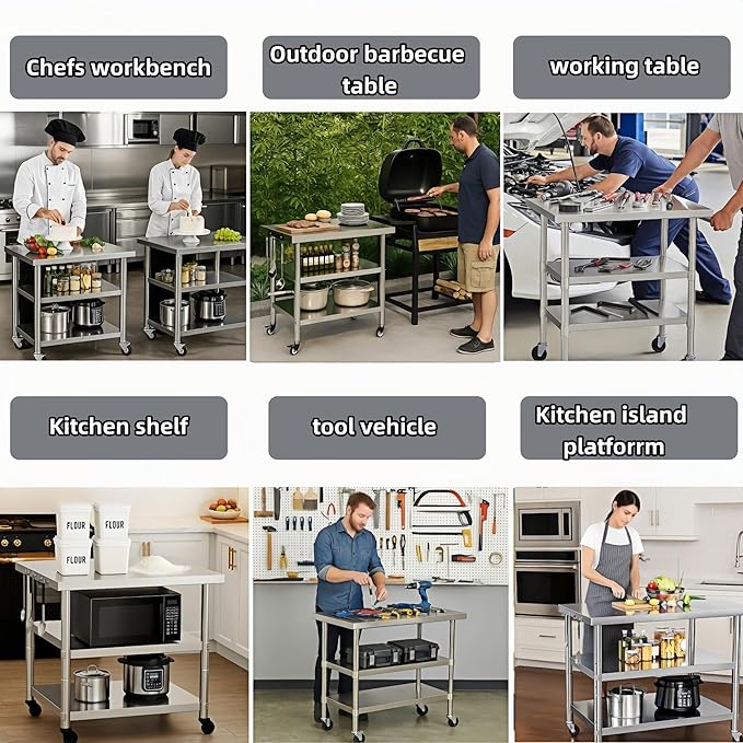 Stainless Steel Table with Wheels for Food Preparation and Work, Multi-Size Optional, Three-Layer Variable Two-Layer Metal Commercial Workbench Outdoor, Restaurant, Kitchen (28" Lx24 Wx34 H)