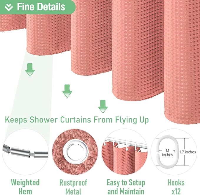 Dynamene Extra Long Waffle Shower Curtain 256 GSM Fabric 72x96 Coral - Image 5