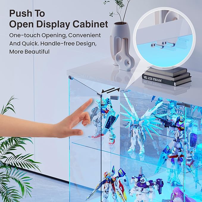 Lvifur RGB Glass Display Cabinet - with Lock, High Gloss Sideboard with Human Body Sensor & Glass Shelves for Toys, Books, Collectibles, Liquor, Bookcase for Living Room, Kitchen, Study, White