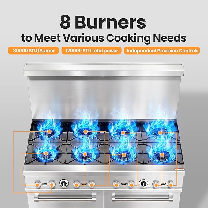 Commercial 48" Gas Range with Convection Oven, 8 Open Burners and Under Full Size Oven 240000 BTU & 33000 Static Oven,NG/LPG Conversion kit, Manual Gas Valve,Freestanding Gas Range for Restaurants