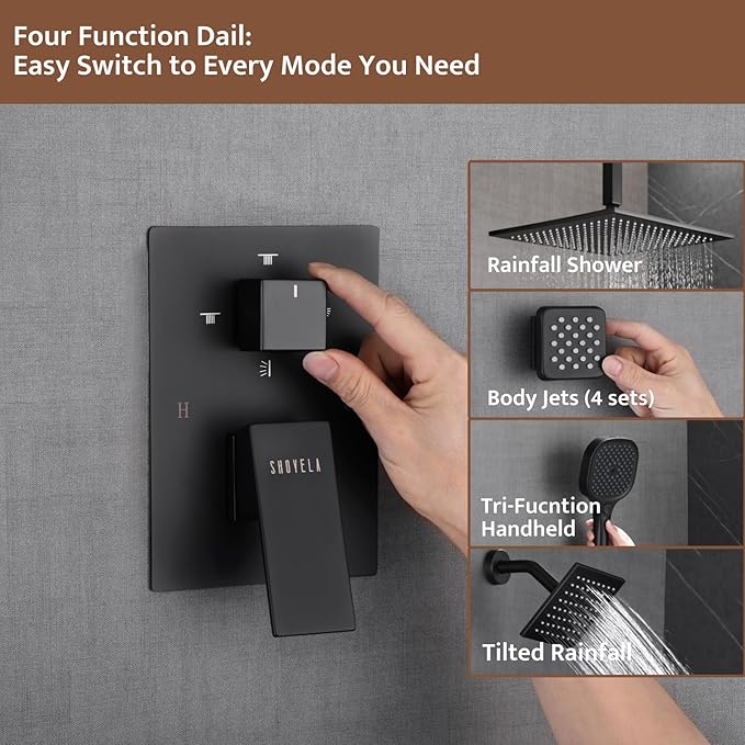 Shower System Matte Black, Push Button Diverter Shower Faucet with 3 in 1 Handheld, Ceiling Mount 12 Inch Shower Head with 6 Inch Wall Mount Shower Head
