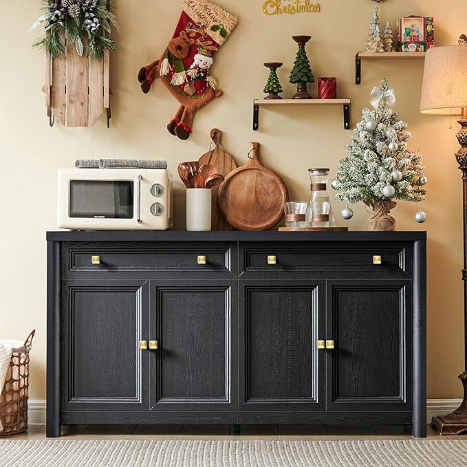 Farmhouse Buffet Cabinet, 59" Large Sideboard Buffet Credenza Storage with Shelves & 4 Doors, Rustic Wood Coffee Bar Console for Kitchen, Living Room, Black