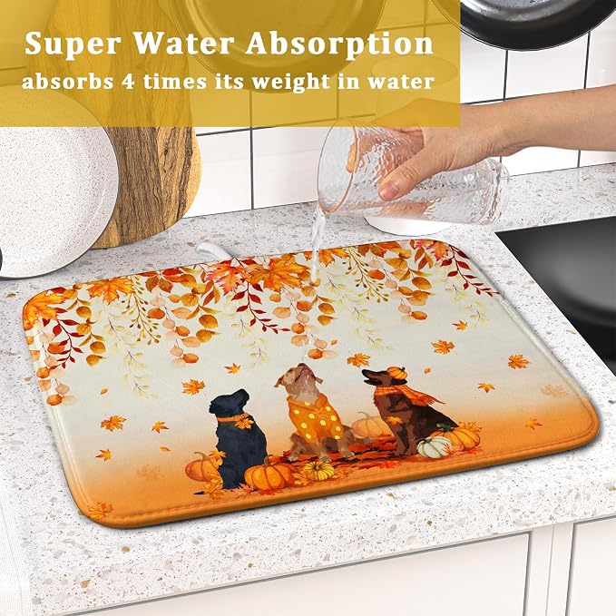 Giwawa Fall Dogs Dish Drying Mat Autumn Leaves Reusable Dishes Pad 16"x18" - Image 7