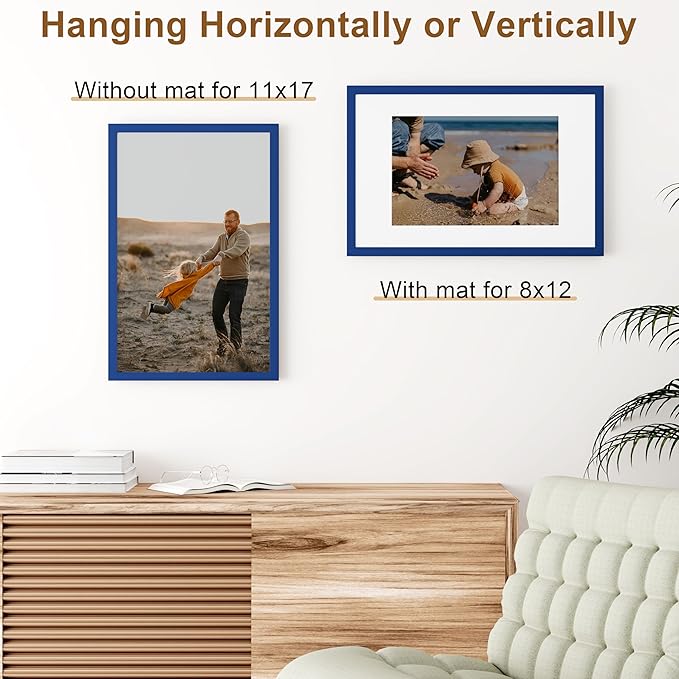 Vittanly 11x17 Picture Frame, Solid Wood Frame with Plexiglass, Includes 8x12 Mat, Wall Hanging for Photos, Home Decor, Royal Blue, 1 Pack