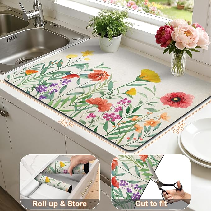 LOKHOM 18"x24" Dish Drying Mat，Colorful Floral Coffee Mat | Ultra Absorbent - Image 2