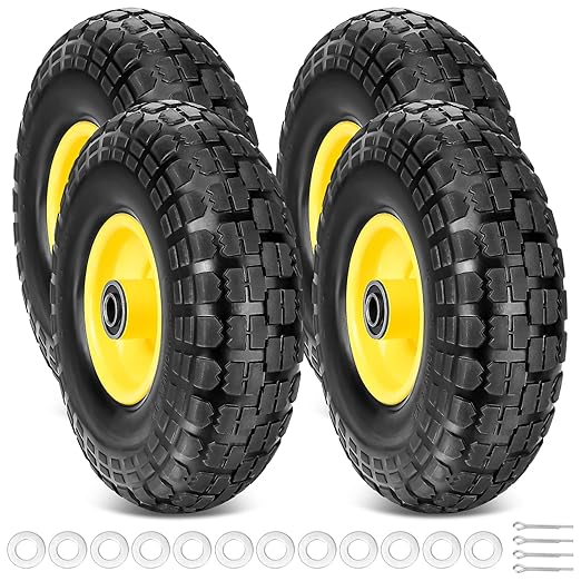 TICONN 10" Solid Tires, 4 Pack Flat Free 4.10/3.50-4'' Wheels with 5/8” Axle Bore Hole and Double Sealed Bearings (Yellow, 4PK)