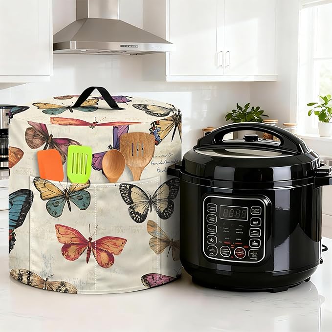Kitchen Appliance Accessories Dust Cover for 3-6-8 Quart Instant Pot, Pressure Cooker, Air Fryer & Crock Pot,Decorative Appliance Cloth Cover with Top Handle & Storage Pockets (Butterfly, 8 Quart)