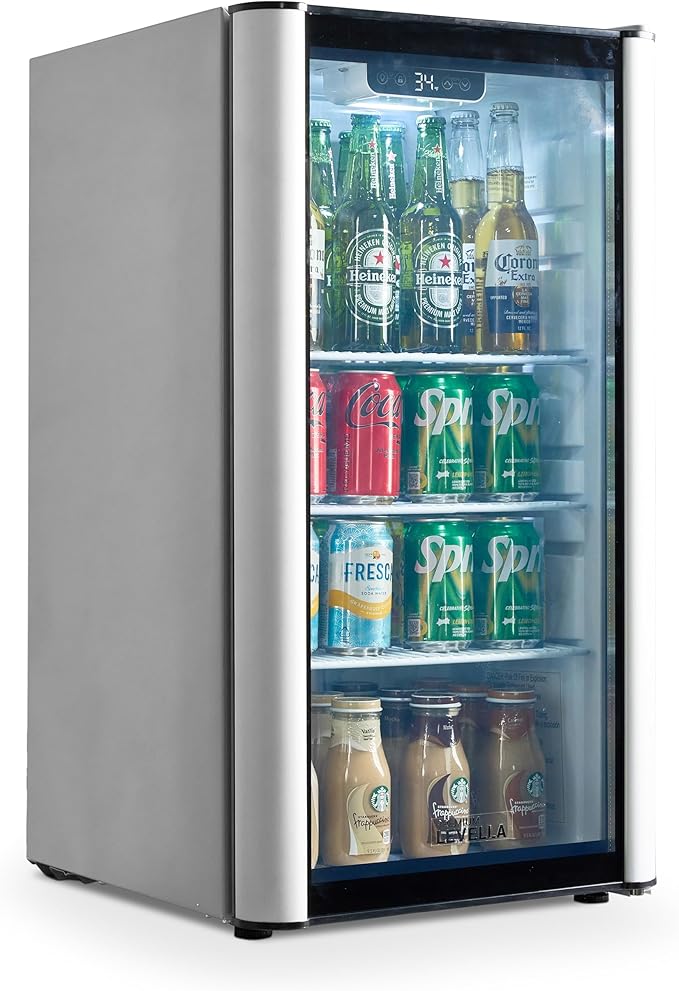 PremiumLevella PRF36DX Glass Door Display Refrigerator 3.1 cu ft Commercial Beverage Cooler Merchandiser - Silver