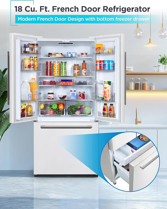 BLACK+DECKER 18 Cu. Ft. French Door Refrigerator with Built-in Ice Maker, Full Size Refrigerator with Bottom Mount Freezer Drawer, Frost Free, ENERGY STAR certified, BRF1800GIMW, White