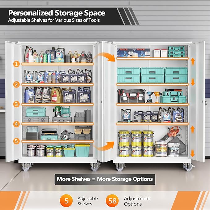 VINGLI Large Metal Storage Cabinet with 2 Doors and 5 Adjustable Shelves, Upgraded Height & Wide & Deep, 43''W x 20''D x 72''H, Oversized Garage Storage Cabinet with Wheels and Locks (White)