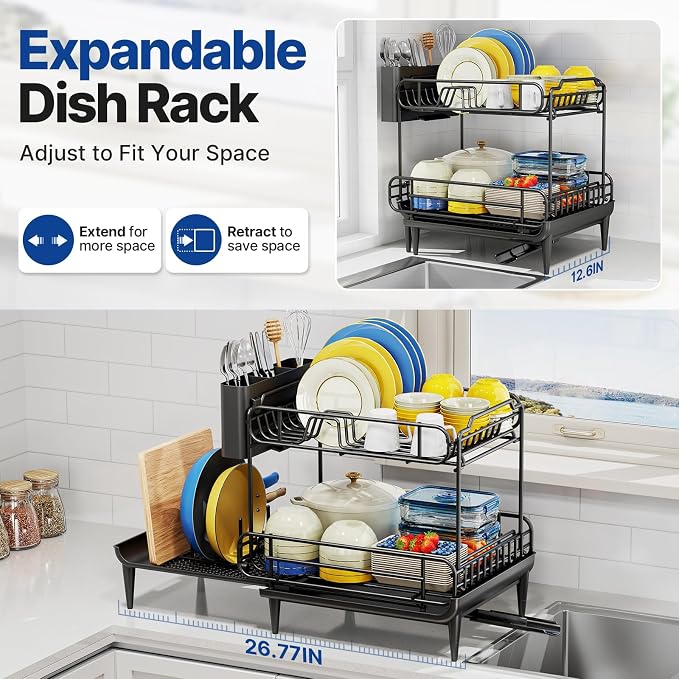 Urackify Dish Drying Rack for Kitchen Counter, Expandable 2 Tier Dish Rack - Image 4