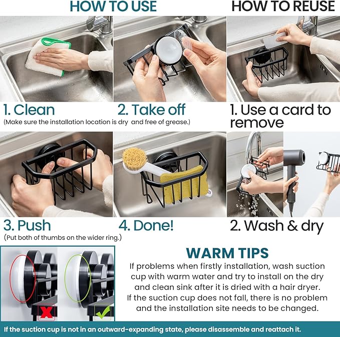 TAILI Sponge Holder with Strong Suction Cup, Dish Sponge Caddy Inside Sink Removable, Rustproof Aluminum for Sponges, Brushes, Stoppers and Scrapers - Black