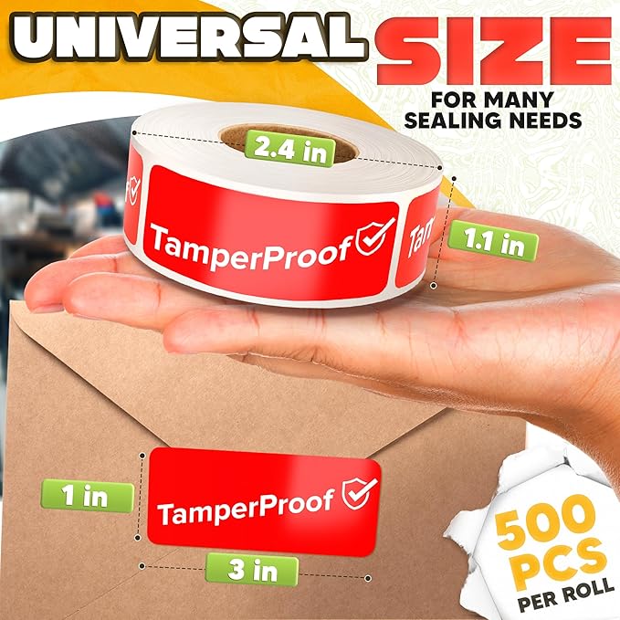 500-Pack Tamper Proof Stickers 1x3 – Strong Adhesive for Tamper Detection and Package Protection | Durable, Easy-to-Apply Labels for Sealing Boxes, Containers, Envelopes, Documents and Other Surfaces