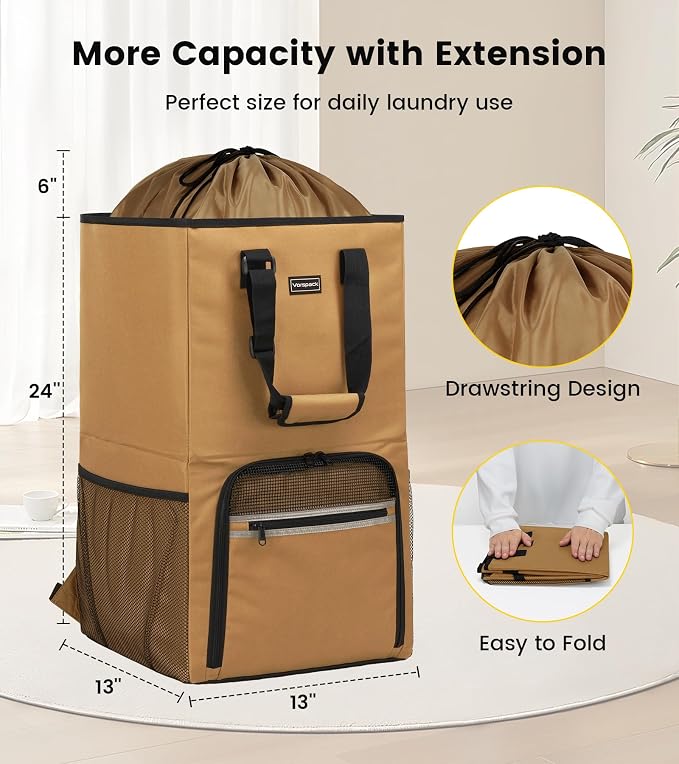 Vorspack Laundry Backpack with Shoulder Straps, Extra Large Hamper, Kahki | - Image 2