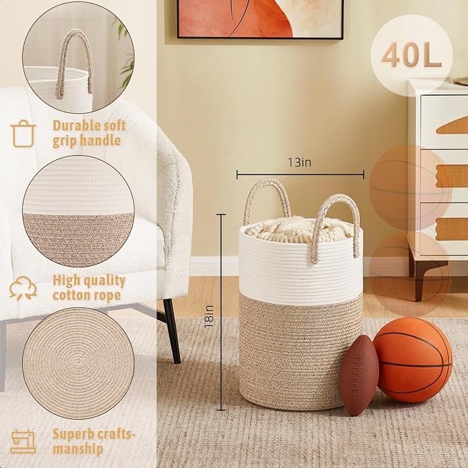 Artfeel Laundry Basket, Woven Cotton Rope Laundry Hamper, 40L - Image 6