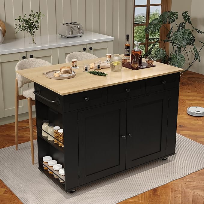Garvee Rolling Kitchen Island Cart with Power Outlet & Drop Leaf, Kitchen Storage Cabinet On Wheels with 3 Drawers, Spice Rack & Towel Rack, Mobile Island Table for Kitchen