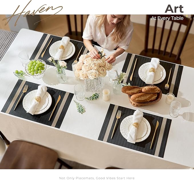Leetaltree Luxury Black Placemats with Gold Stripes Placemats Set of 4 - Waterproof Washable for Wedding, Anniversary, Daily Use - Sparkling Table Decor - Hand-Cut