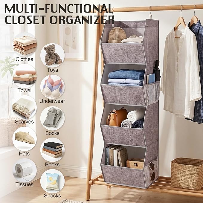Hanging Closet Organizer 4-Shelf Wide Trapezoid, Heather Grey | Hanging Clothes - Image 7