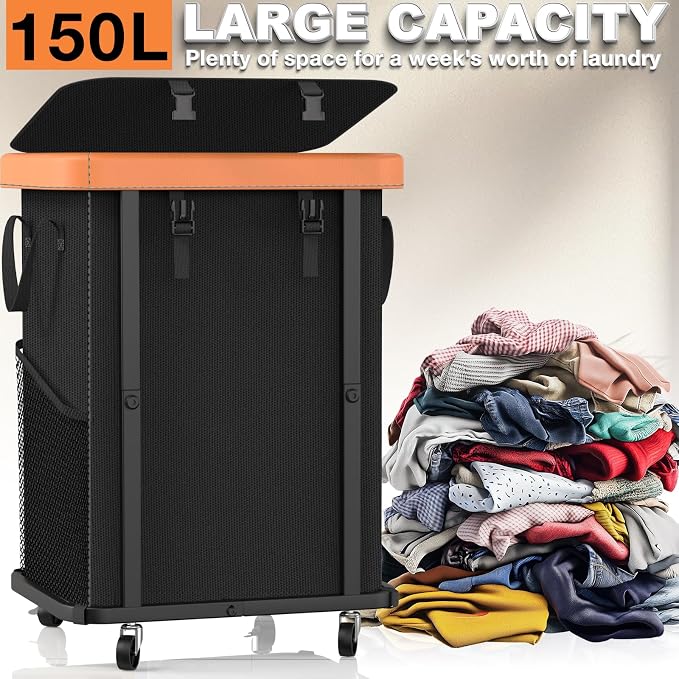 Laundry Hamper with Wheels, 150L Leather Patchwork Clothes Hamper Black - Image 3