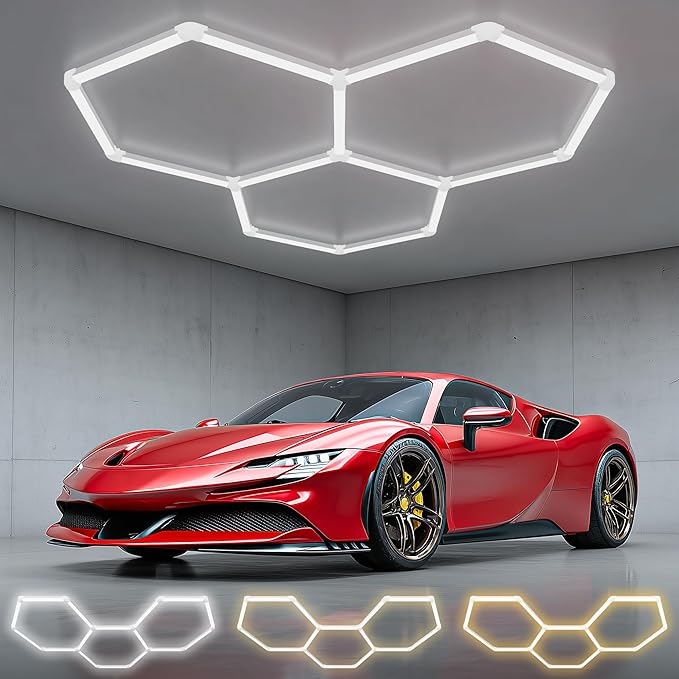 Hexagon Garage Lights - Upgraded 3-Stage Color Temperature, Dimmable Hexagon Lights with Switch, 3000K 4500K 6500K,High Brightness 3 Grids Hex Lighting for Gym, Barber Shop, Car Detailing