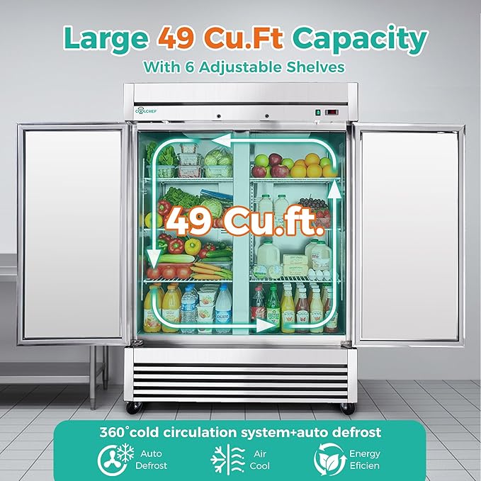 54" Commercial Refrigerator 49 Cu.Ft, Stainless Steel 2 Door Reach-in Fridge, 33–40℉, Air Cooling, LED Light, 6 Shelves, R290, ETL