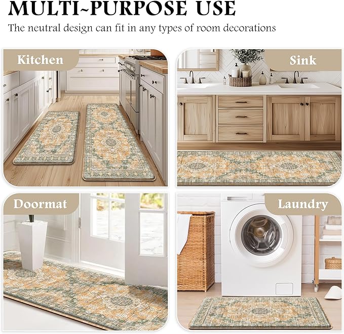 Boho Kitchen Mats for Floor 2 Piece Set Anti Fatigue Cushioned PVC Kitchen Rugs Non Slip Waterproof Farmhouse Mats 2/5 Inch Comfort Standing Mat for Sink, Laundry, 17.3"x59"+17.3"x28", Green Orange