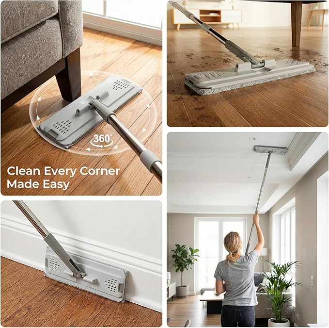 Mop and Bucket Set with Wringer, Flat Mops for Floor Cleaning, 4 Washable Microfiber Pads, Quick Cleaning Mop Safe on Wood Floors, Vinyl, Tile, Baseboards and Walls