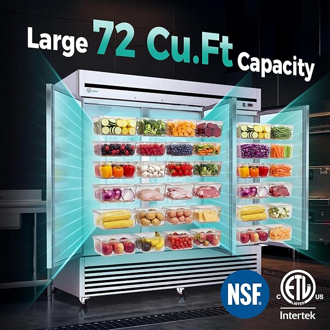 COOLCHEF 81" Commercial Refrigerator 72 Cu.Ft, Stainless Steel 3-Door Reach-in Fridge, 33–40℉, Air Cooling, LED Light, 9 Shelves, R290, ETL