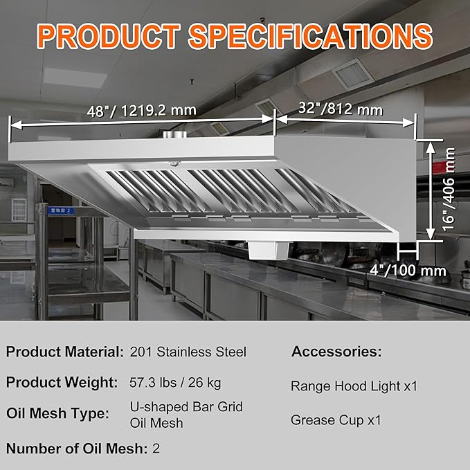 Food Truck Low Profile Exhaust Hood System Includes a 4FT Stainless Steel Commercial Exhaust Hood and an 0.25HP Restaurant Canopy Hood Grease Rated Exhaust Fan