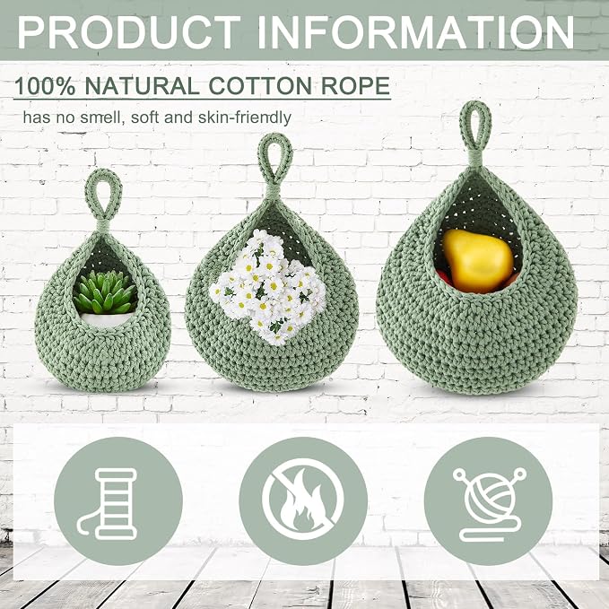 Honeydak 3 Hanging Baskets, Sage Green, Cotton Rope - Image 6