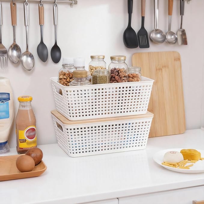 Small Storage Bins with Lids 6 Packs, Plastic Storage Basket with Bamboo Lid - Image 8