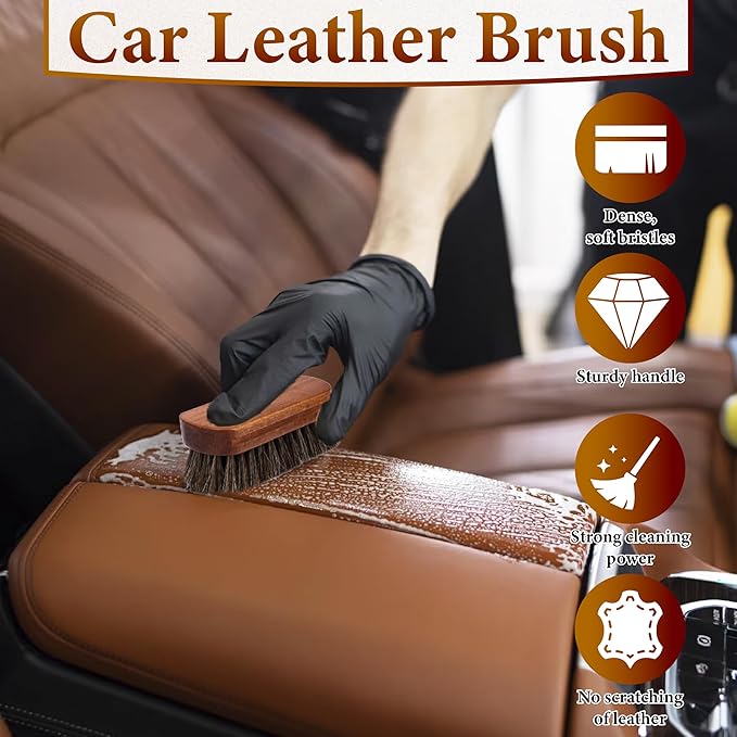 5 PCS Leather Brush Car Detailing, Horse Hair Brush, Car Cleaning Supplies - Image 5