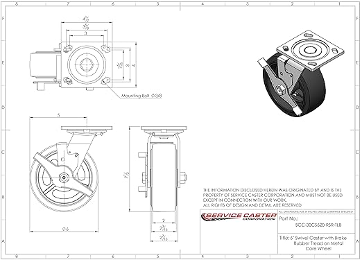 Service Caster Brand Replacement Caster for Uline Caster H-3326SWB - Swivel Top Plate Caster with 6 Inch Rubber on Metal Wheel and Top Lock Brake - Fits Platform, U-Boat and Panel Trucks H-1191