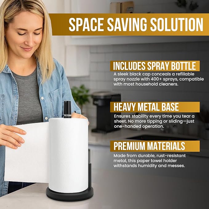 2-in-1 Paper Towel Holder with Spray Bottle, Matte Black Metal, Countertop - Image 5