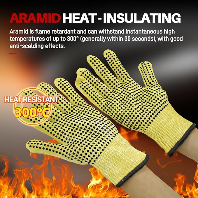 Heat Cut Resistant Gloves,Aramid leather Oven Gloves with Fingers,Heat Resistant Up to 550°F, Thick Knit Grill Mitts (silicone beads, Medium)