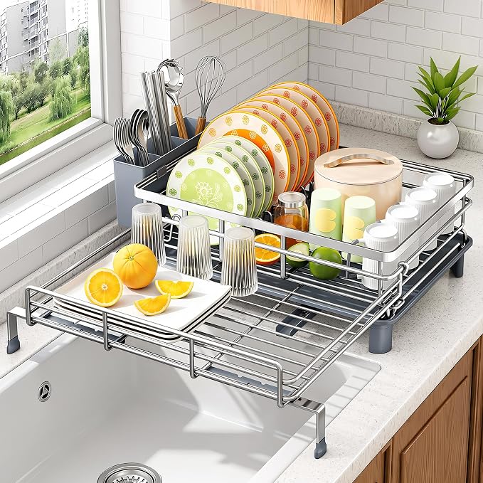 Expandable Dish Drying Rack for Kitchen Counter, Stainless Steel, Large Capacity by SAYZH