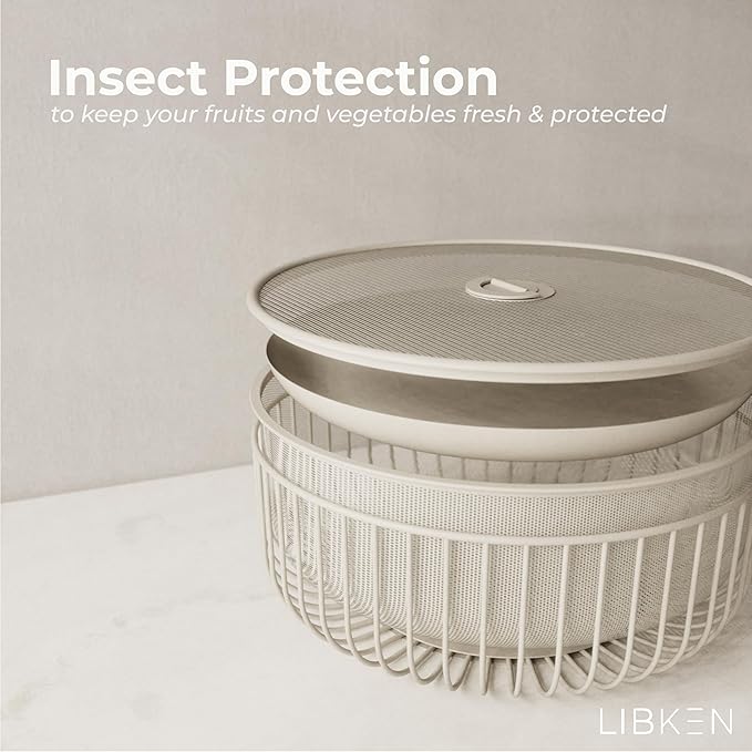 Metal Fruit Bowl with Mesh Lid and Basket - Fruit and Vegetable Holder for Kitchen Counter - Versatile and Durable Storage Basket Organizer for Fruit, Veggie, Snacks - 11x11x4-Inch (Warm Gray)