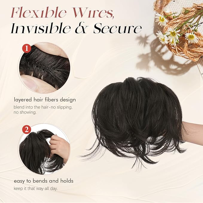 SOFEIYAN Claw Clip Short Ponytail Extension DIY Bendable Wires Hair Bun Fluffy Fake Hair Piece Straight Synthetic Hair Ponytail Extensions for Wonen - Ash Brown Mix