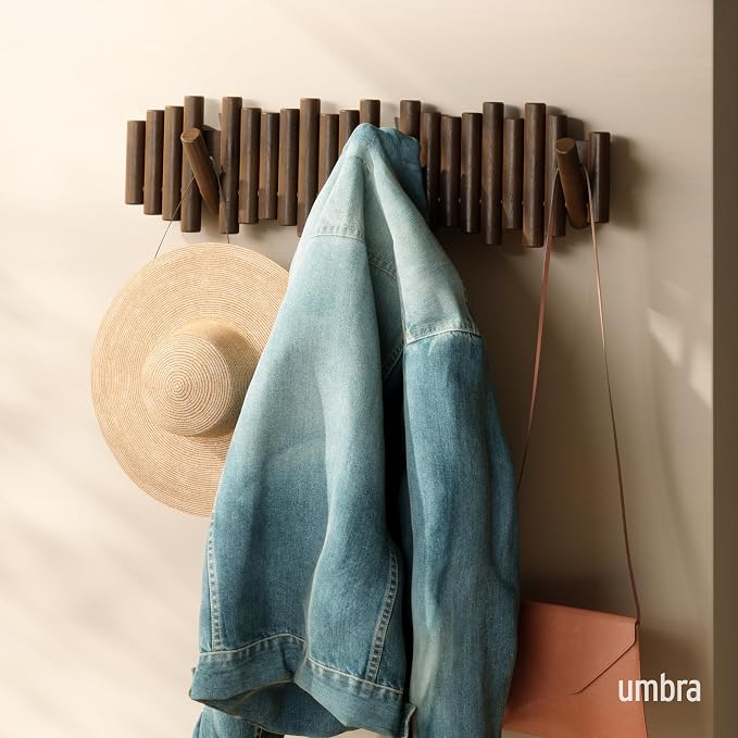 Umbra Picket Coat Rack, Wall Mount 8 Flip-Down Coat Hooks, Walnut | Beveled - Image 2