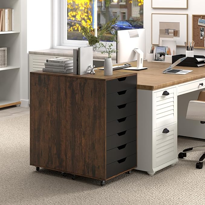 7 Drawer File Cabinet, Mobile Filing Cabinet w/Universal Wheels, Wood Printer Stand with Storage, Rolling File Cabinets for Home Office, Living Room, Bedroom (Rustic Brown, 7 Drawers)