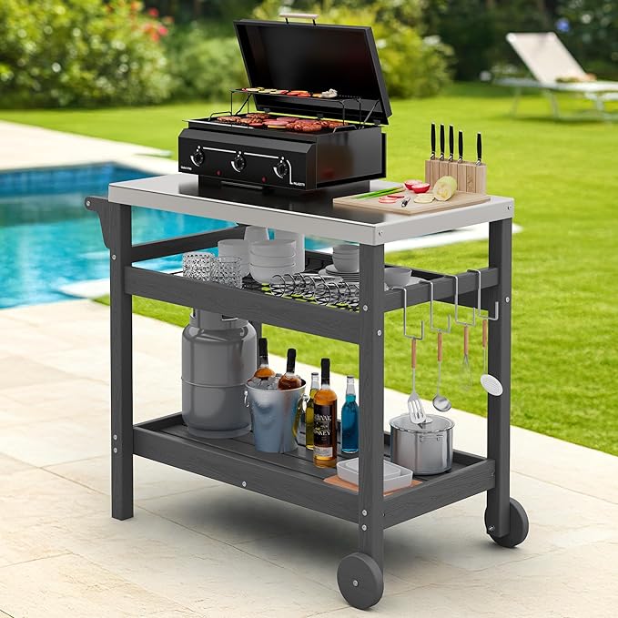 SERWALL Outdoor Grill Cart Pizza Oven Stand Trolley Table with Wheels Three-Shelf Movable Food Prep and Work Table, Grey