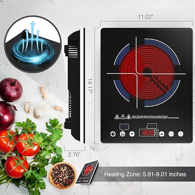 Electric Cooktop Single Burner, 1800W Electric Stove Top with Touch Control, 9 Power Levels, Kids Safety Lock & Timer, Overheat Protection,110V Induction Cooktop