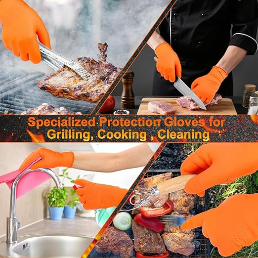 BBQ Gloves for Grilling Disposable Heat Resistant - 100 Nitrile Gloves + 4 Reusable Cotton Liners for Cooking Smoker -Orange XXLarge