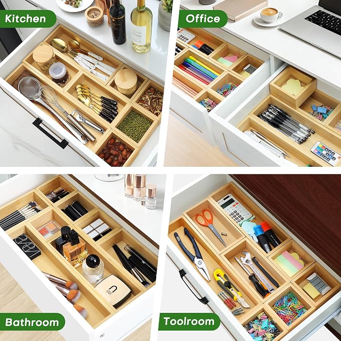 MapleGrace Bamboo Drawer Organizer Set, Storage Trays Containers - Image 5