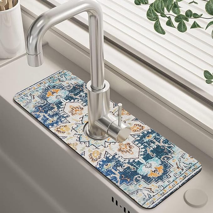 Oriental Blue Turkish Carpet Pattern Sink Faucet Absorbing Mat Sink Splash by Unknown