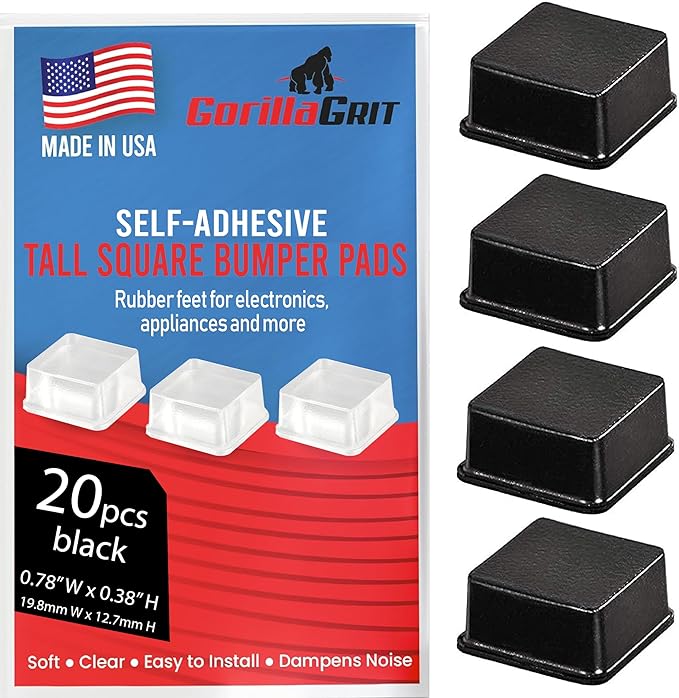 Black Tall Square Adhesive Rubber Bumper Pads - Made in USA – Rubber Feet for Speakers, Electronics, Furniture, Appliances, Audio Equipment - 20 Pieces