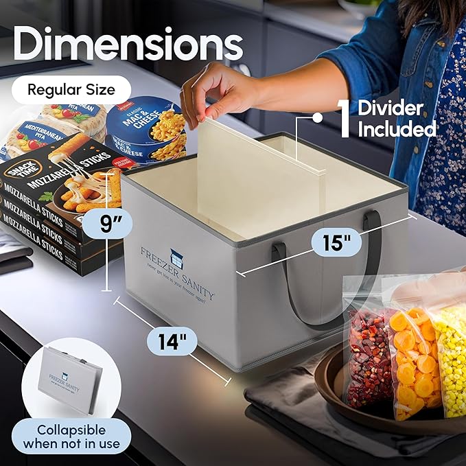 The Original Chest Freezer Organizer Bins, Stackable Storage Organizers, Deep Freezer Dividers, Handles, Heavy-Duty, Waterproof Regular 15x14x9