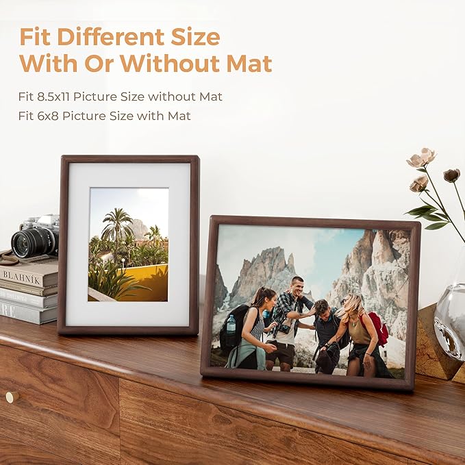 8.5x11 Walnut Picture Frame with Tempered Glass, Solid Walnut Wood Photo Frame with Mat for 6x8, 8.5 by 11 Picture Frame for Diploma, Natural Wooden Picture Frame for Home Decor Wall Mount or Table